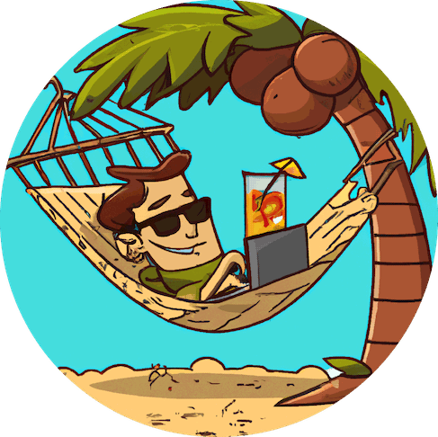 TikiTech motif in cartoon style of Daniel lying in a hammock on a tropical island with a laptop in one hand and a cocktail in the other